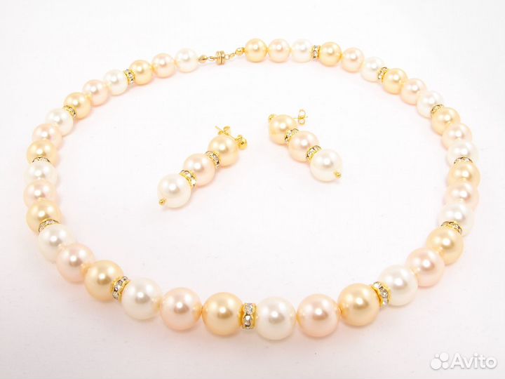 Комплект Жемчуг персик-золото-крем (бусы + серьги)