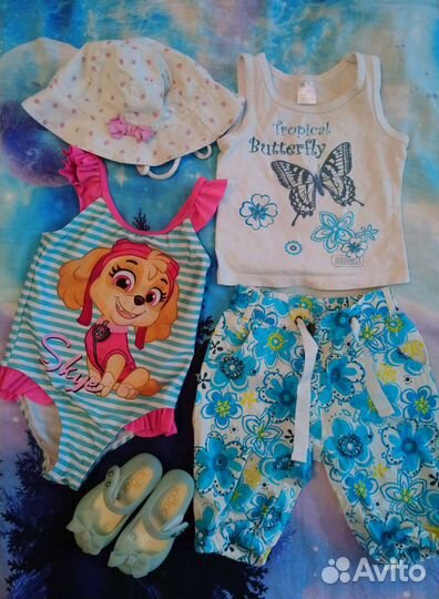 Комплект: купальник, костюм, туфли пляжные, панама