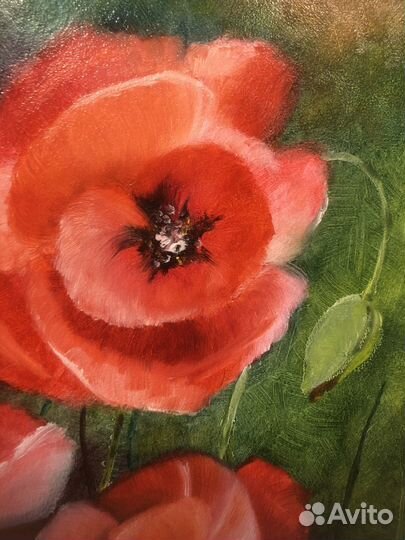 Картина маслом, красные маки, мдф 30х40