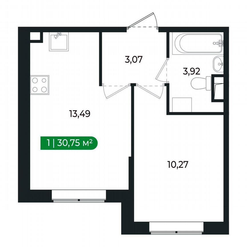 1-к. квартира, 30,8 м², 1/8 эт.