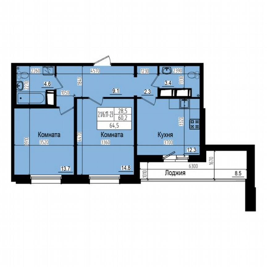 2-к. квартира, 64,5 м², 22/23 эт.