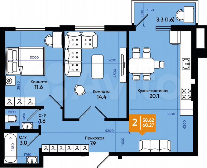 2-к. квартира, 60,3 м², 8/9 эт.