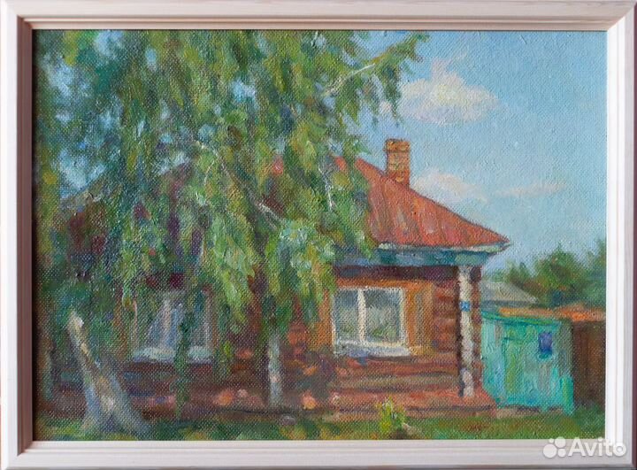 Картина маслом. Пейзаж. Деревня. Берёза