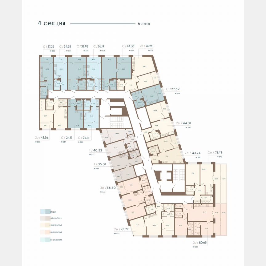 1-к. апартаменты, 44,8 м², 6/8 эт.