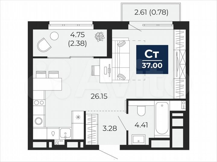 Квартира-студия, 37 м², 8/21 эт.