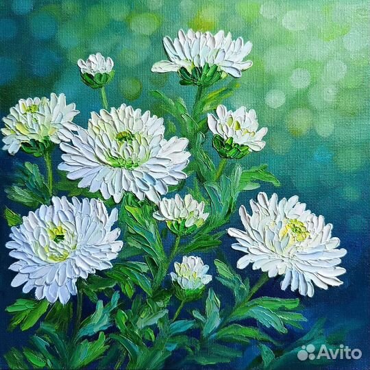 Картина маслом, цветы Хризантемы, холст 20х20