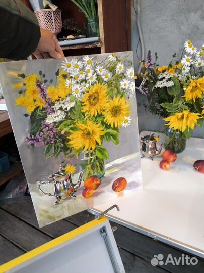 Картина маслом букет с подсолнухами