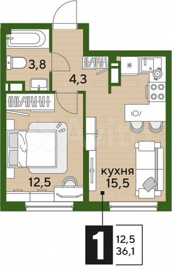 1-к. квартира, 36,1 м², 11/16 эт.