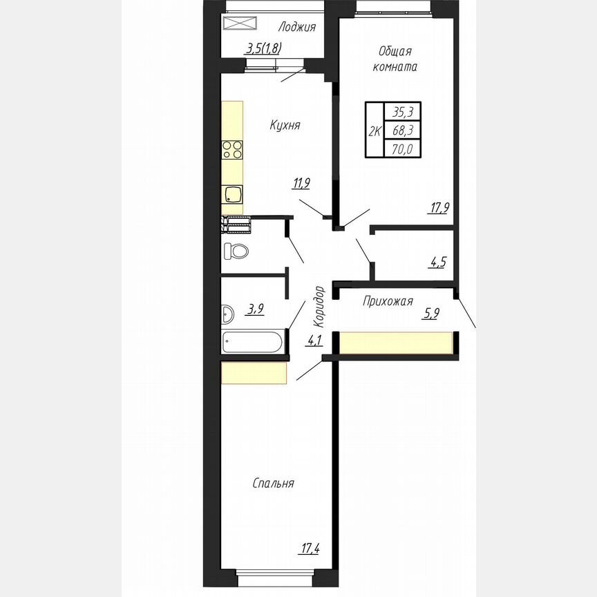 2-к. квартира, 70 м², 4/17 эт.