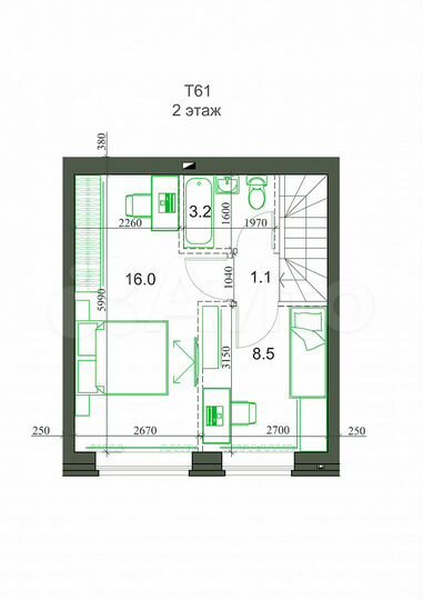 3-к. квартира, 59 м², 2/2 эт.