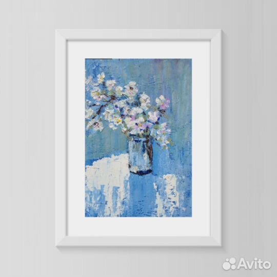 Картина маслом Букет Цветение в небесно-голубом