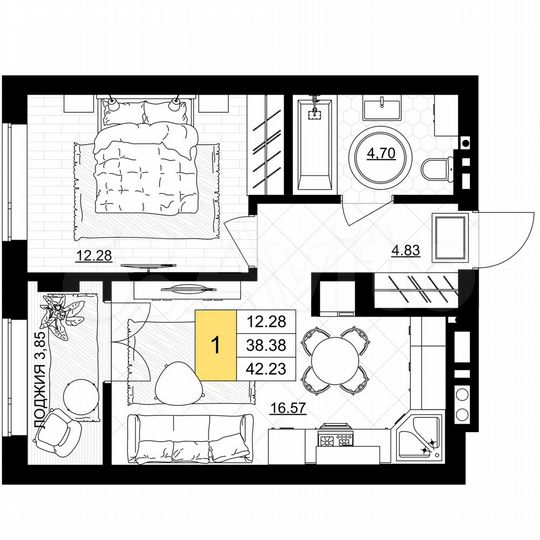 1-к. квартира, 42,2 м², 4/7 эт.