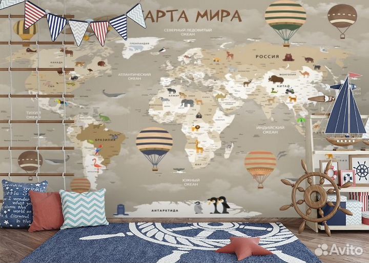 3D Фотообои «Карта мира для детской в серых тонах»