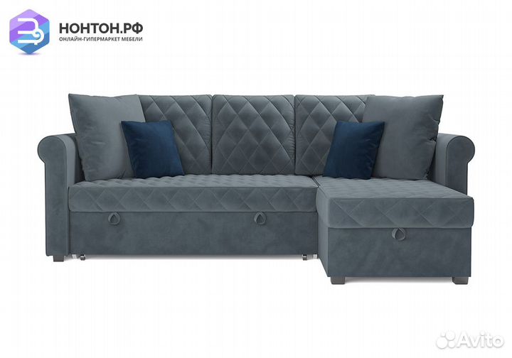 Угловой диван дельфин Берлин велюр серо-синий