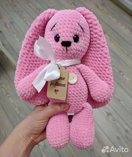 Заяц плюшевый большой, вязаная игрушка, 30-33 см