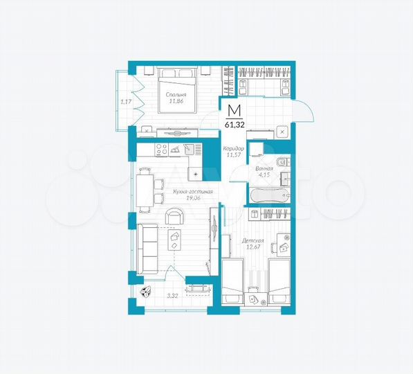 2-к. квартира, 61,3 м², 5/25 эт.