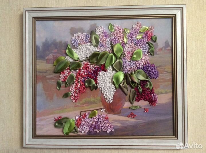 Картины вышитые лентами «Сирень»