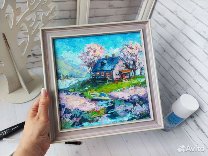 Картина маслом в раме, пейзаж с домиком