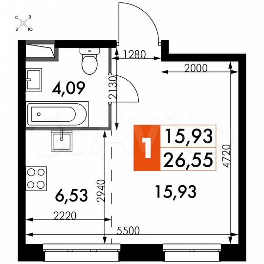 1-к. апартаменты, 26,6 м², 8/15 эт.
