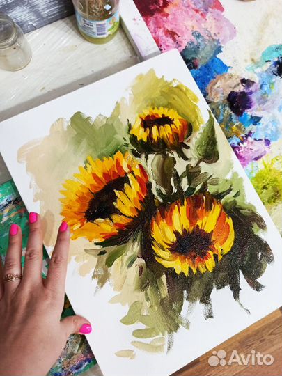 Картина подсолнухи масло холст букет в вазе цветы