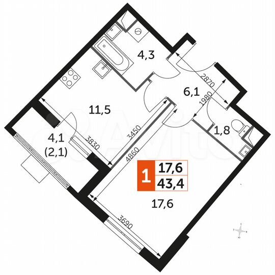 1-к. квартира, 43,4 м², 1/16 эт.