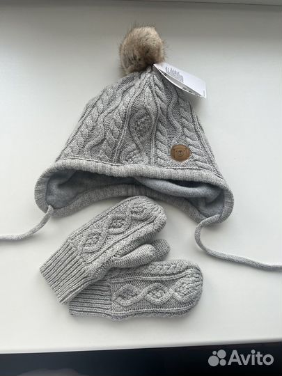 Комплект hm шапка и варежки новый, р.86-92