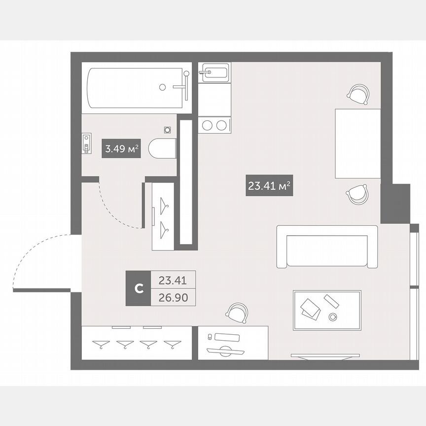 1-к. апартаменты, 26,9 м², 2/13 эт.