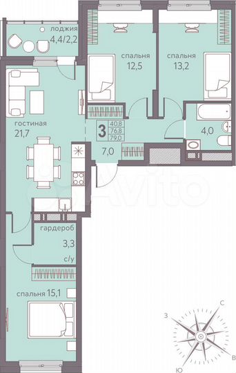 3-к. квартира, 79 м², 7/22 эт.