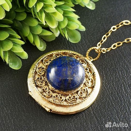 Медальон Кулон Лазурит Синий круглый antique gold