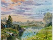 Картина акварель закат деревня река