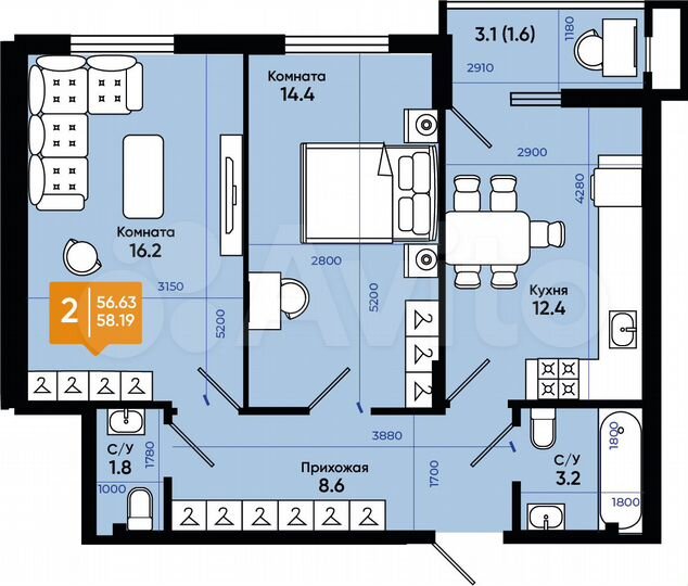 2-к. квартира, 58,2 м², 1/9 эт.