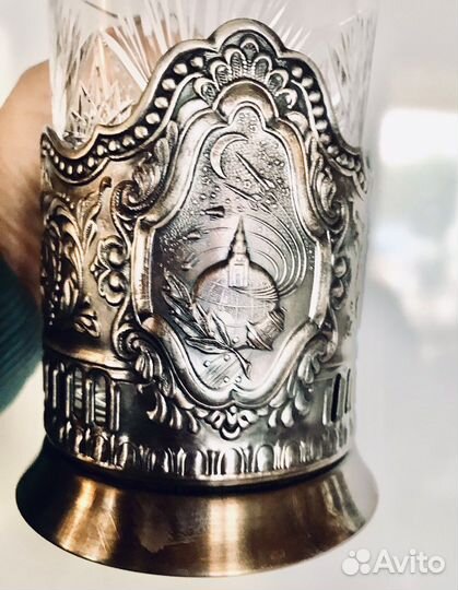 Подстаканник Космос мельхиор, стакан хрусталь