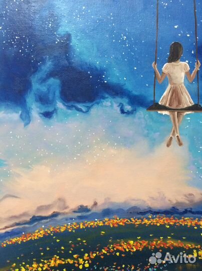 Картина девушка на качелях маслом на холсте