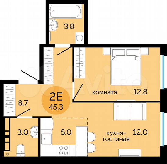 2-к. квартира, 45,3 м², 12/14 эт.