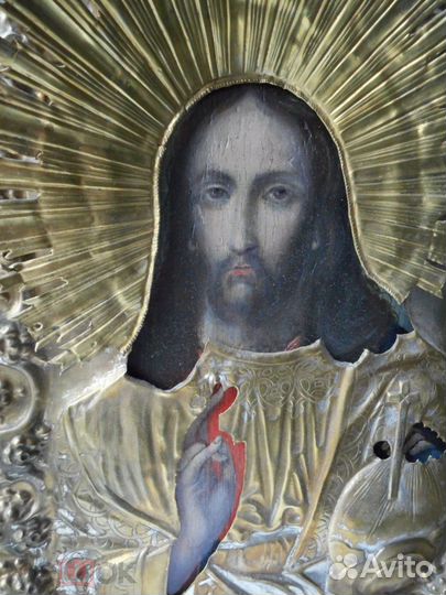 Икона Спас Вседержитель рукописная в окладе 19 в