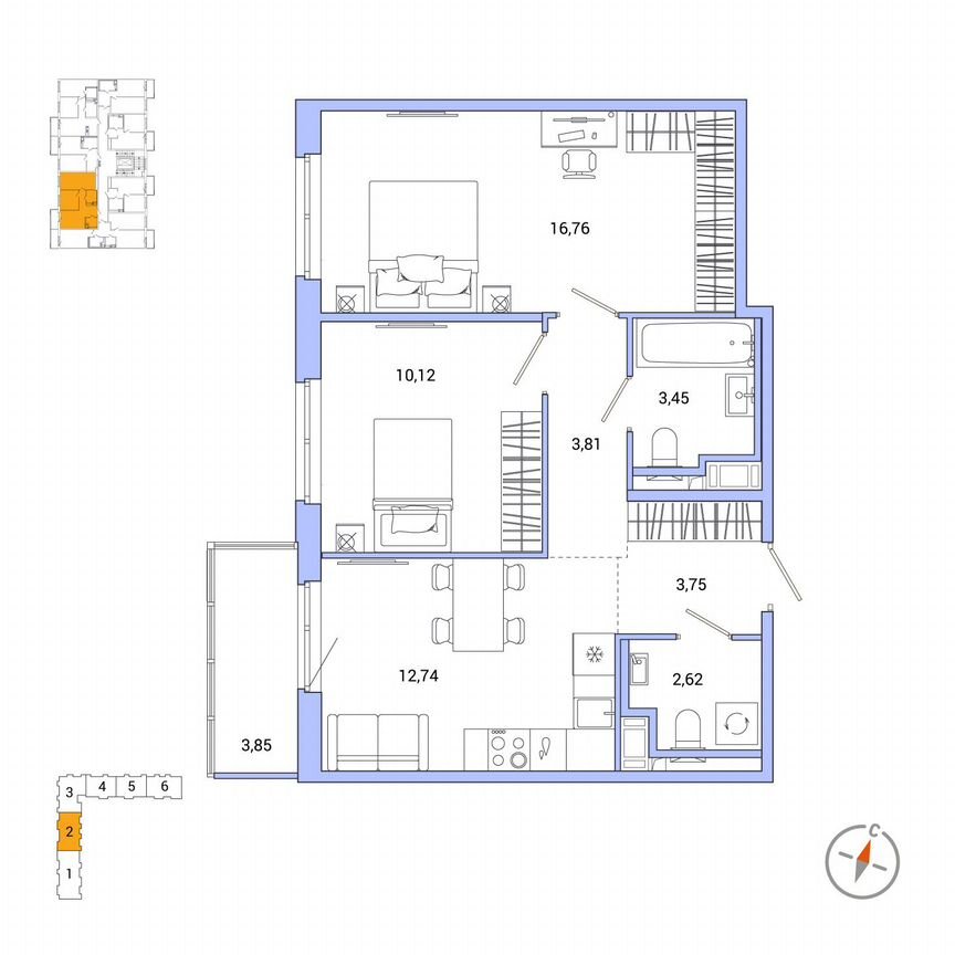 2-к. квартира, 54,4 м², 5/7 эт.