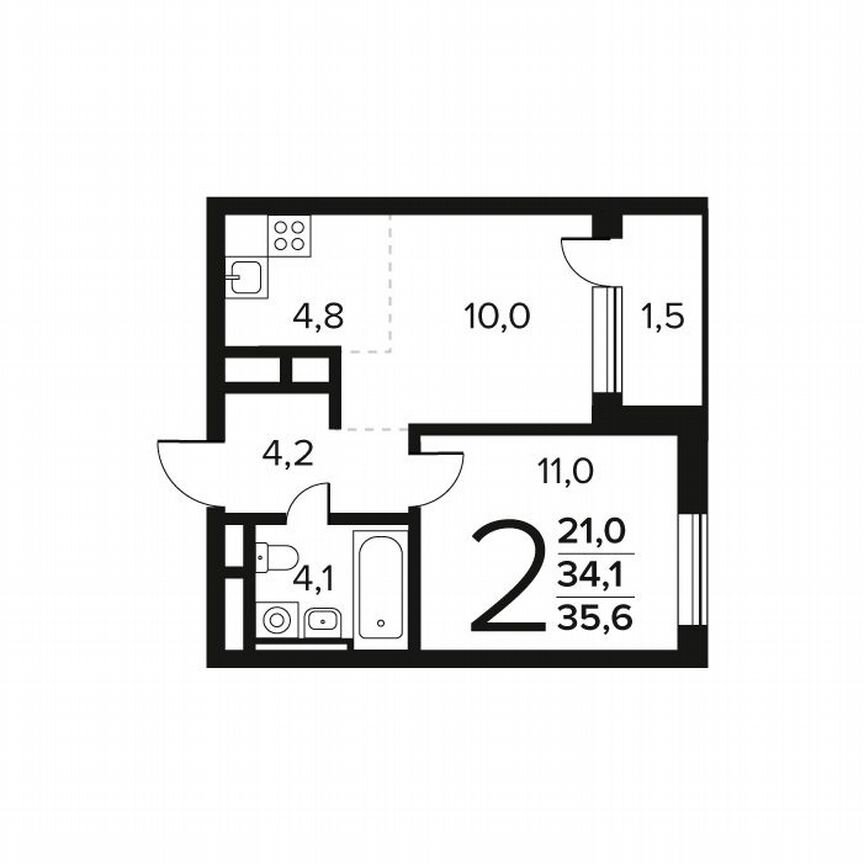 2-к. квартира, 35,6 м², 5/9 эт.