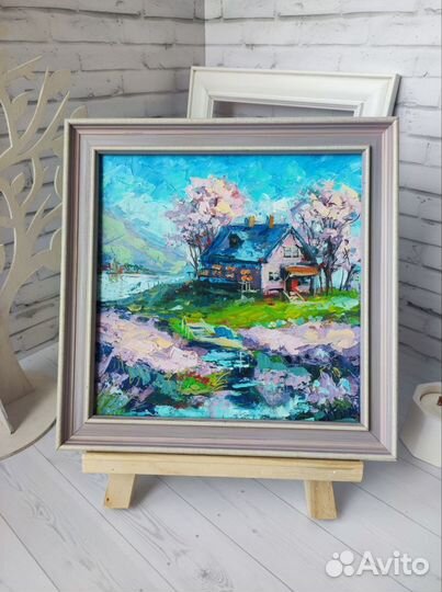 Картина маслом в раме, пейзаж с домиком