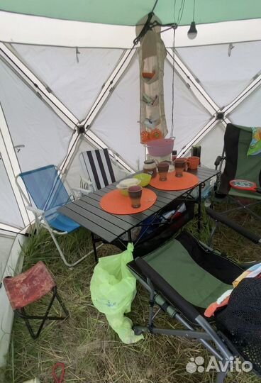 Шатер+стол+стулья+походная кухня+плита+холодильник