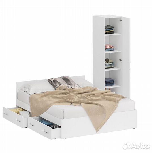 Кровать белая двуспальная с ящиками 1600 с пеналом Стандарт, цвет белый, спальное место 1600х2000 мм