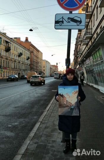 Картина трамвай Петербург городской пейзаж 38х54см