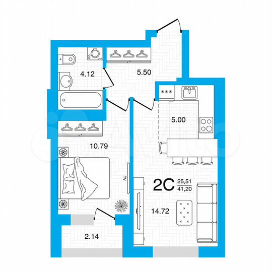 2-к. квартира, 41,2 м², 4/22 эт.