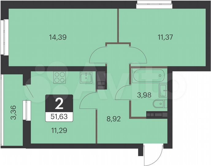 2-к. квартира, 51,6 м², 8/15 эт.