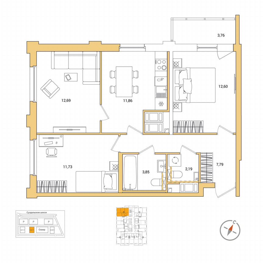 3-к. квартира, 64,6 м², 16/25 эт.