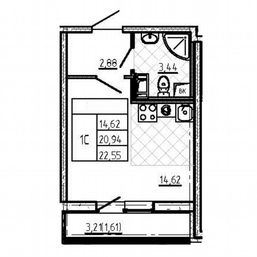 Квартира-студия, 22,6 м², 6/19 эт.