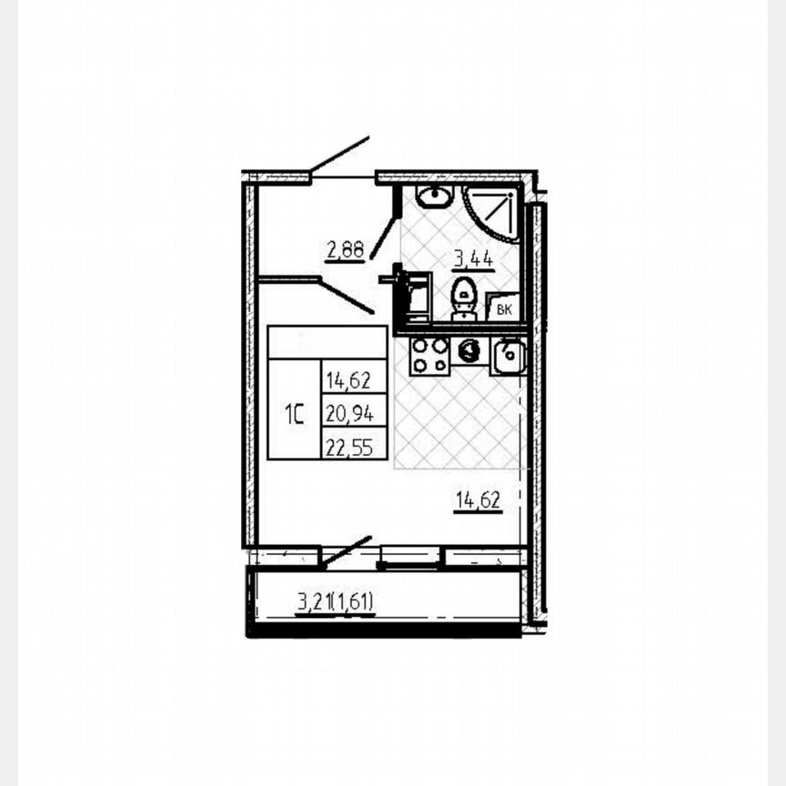 Квартира-студия, 22,6 м², 6/19 эт.