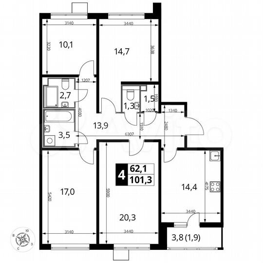 4-к. квартира, 101,3 м², 17/25 эт.