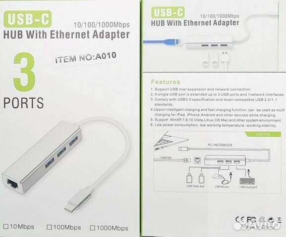 Type C на RG45 + usb3.0*3