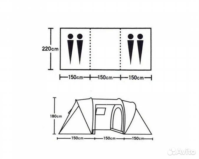 Палатка 4 местная с тамбуром посередине комнат