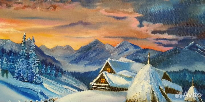 Картина маслом Закат с горами Стога сена зимой